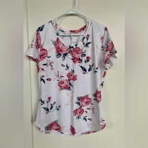 White tshirt with pink flower print, approximately XL